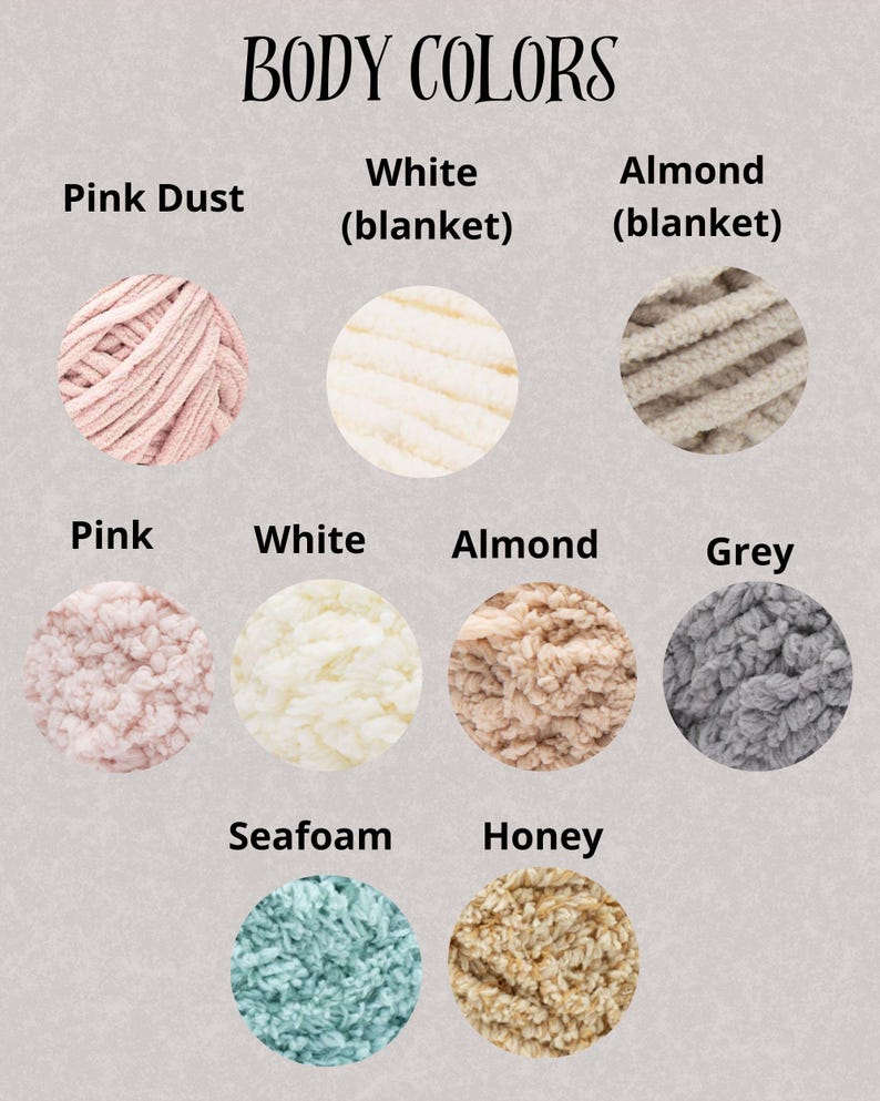 May include: Yarn samples in various colors, including pink dust, white, almond, grey, seafoam, and honey. The yarn is displayed in a circular format with the color names listed below each sample.