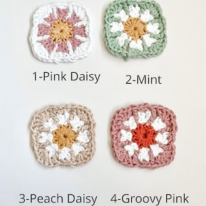May include: Four crocheted squares with different colored flower designs. The squares are labeled 1-Pink Daisy, 2-Mint, 3-Peach Daisy, and 4-Groovy Pink.