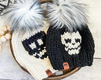 Halloween Knit Hats, Skull Knit Beanie, Mommy and Me Set, Fall Knit Beanie, Toddler Halloween Clothes, Adult Hat, Knit Hats for Kids