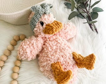 Doudou canard, peluche bébé, cadeau bébé fille, canard au crochet, couverture de sécurité, canard della au crochet, cadeau baby shower