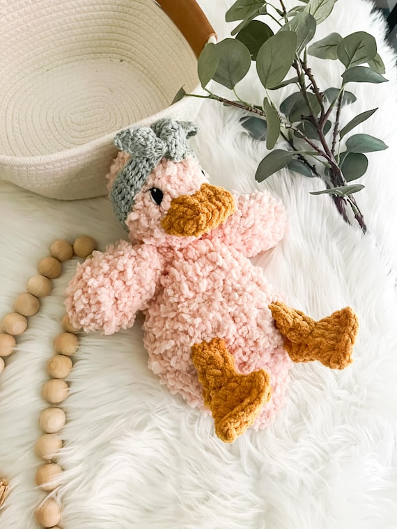 Duck Lovey Snuggler for Baby Girl, Della Duck Toy, Security Blanket Cuddle Toy, Baby Lovey Animal, Plush Duck with Headband, Crochet Duck