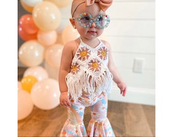 Crochet Summer Top for Toddler Girl, Two Groovy, Smash Cake Outfit, First Birthday Outfit, Boho Fringe Top, Daisy Crop Top