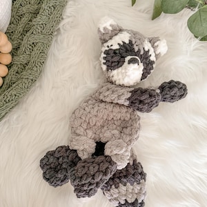 Raccoon Lovey Snuggler, Stuffed Animal, Crochet Lovey, Woodland Nursery Decor, Baby Security Blanket, Baby Shower Gift, Forest Nursery Decor