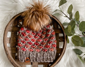 Adult Beanie, Red, Lotus Flower Hat, Luxury, Hiking Gifts for Women, Teen Girl Gift, Camping Gifts for Women, Faux Fur Pom, Malabrigo