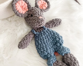 Plush Mouse, Baby Lovey Blanket, Easter Stuffed Animal, Mouse in Overalls, Baby Shower Gift, Security Blanket, Gender Neutral Baby Gift