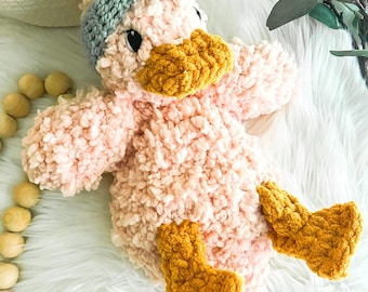Duck Lovey Snuggler, Duck with Headband, Baby Cuddle Toy, Baby Girl Gift, Animal Security Blanket, Girl Nursery Decor, Easter Girl Gift