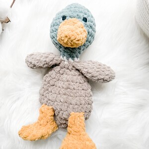 May include: A plush toy duck with a gray head, brown body, and orange feet. The duck has a stitched-on beak and eyes.