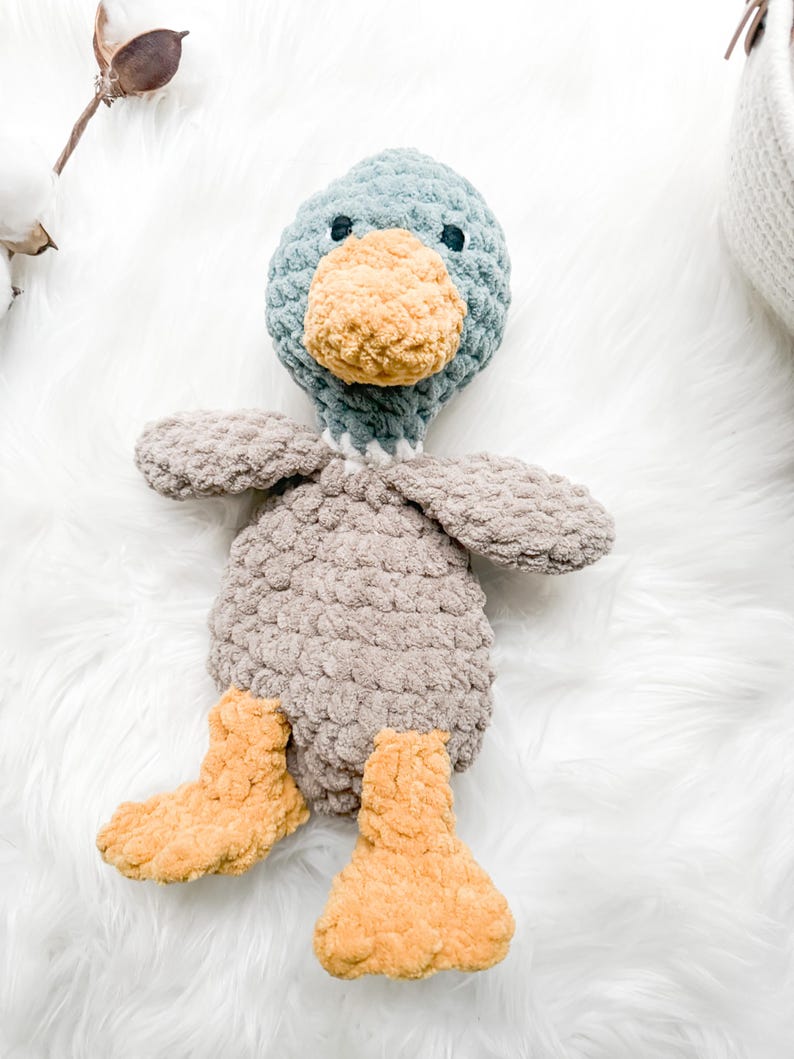 May include: A plush toy duck with a gray head, brown body, and orange feet. The duck has a stitched-on beak and eyes.
