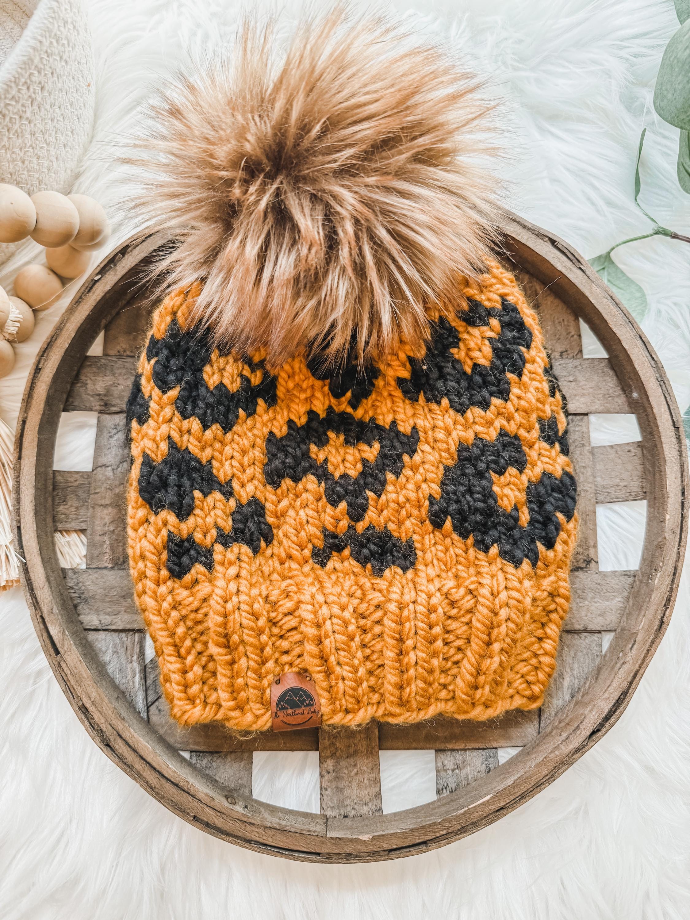 Women's Winter Satin Lined Beanie With Faux Fur Pom | Leopard Print Cuffed Knit Hat