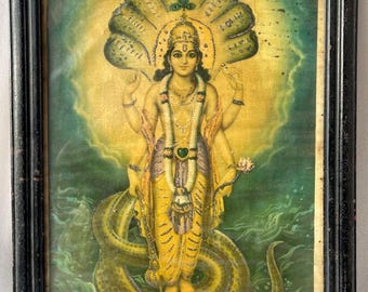 1940's Vintage Old Hindu Religious Lord Vishnu Lithograph Print Wooden Framed Home Decor