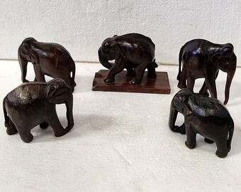 Set Of 5 Old Hand Made Elephant Statue Statuette Wooden Elephant Figure Hand Carved Elephant Figurine Indian Home Decor Elephant Sculpture