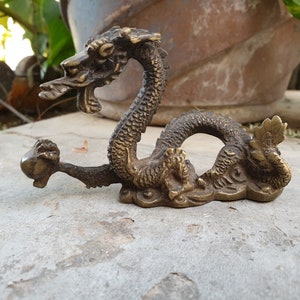 Antique Old Vintage Rare Asian Collectible Brass Hand Carved Dragon Statue Figure Art