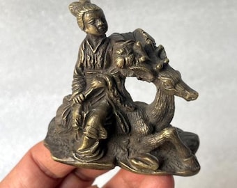 Vintage Solid Brass Chinese Warrior on Deer Buck Asian Chinese Mythical Figurine Home Decor