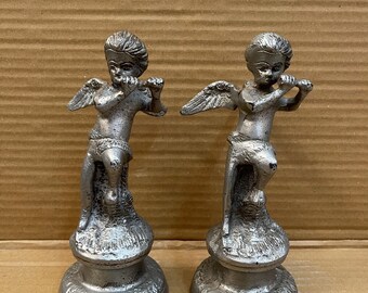 Antique Old Brass Cherub Statue Playing Flute Old Sculpture Home Decor 2 Piece