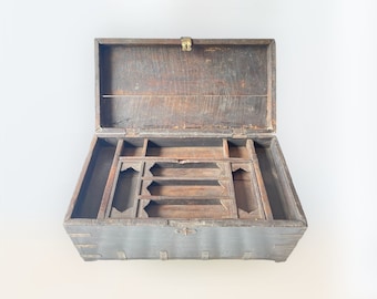 19th Antique Old Wooden Brass Work Hand Crafted Merchant Box Big Storage Box Home Decor