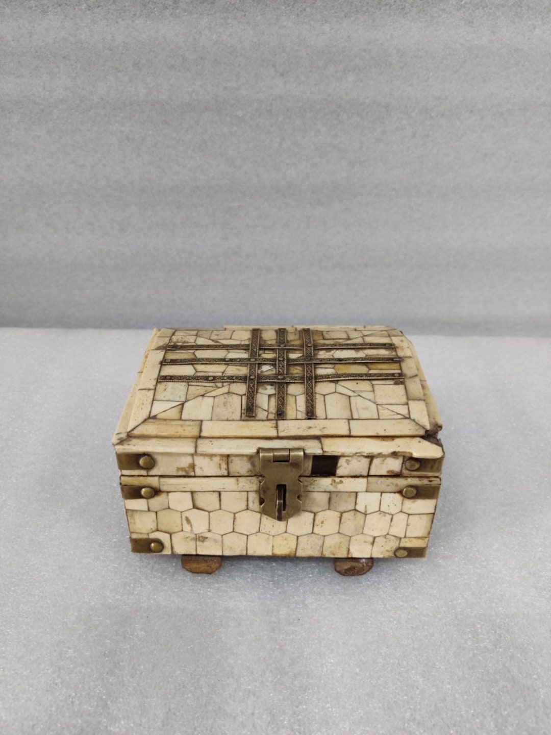 Antique Old Bone Trinket Box With Brass Inlay Wooden Box Jewelry Wooden