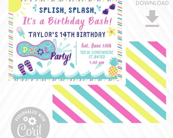 Pool Party - Splish Splash Birthday Bash - Digital Download - Instant Download - Edit With Corjl