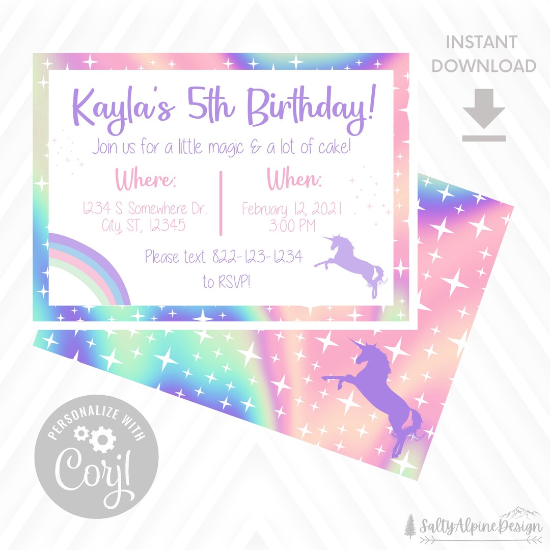Pastel Rainbow Unicorn Birthday Invitation - Digital Download ...