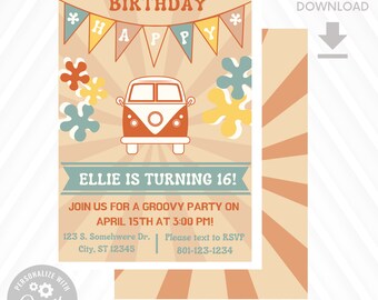 Groovy 1970's Retro Van Birthday Invitation - Digital Download - Instant Download - Edit With Corjl