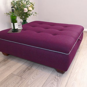 Gorgeous Storage Footstool / Ottoman Coffee Table - Aubergine 'Moon' Tweed Button-Tufted - Large