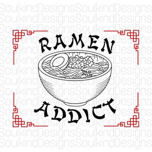 May include: Black and white illustration of a bowl of ramen noodles with the text "RAMEN ADDICT" above it. The bowl is filled with noodles, broth, and a soft-boiled egg. The text is in a bold, stylized font.