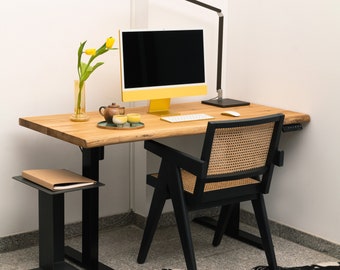 Handmade height-adjustable desk 120 cm, solid wood, oak, bar table, electrically height adjustable, tree edge, home office