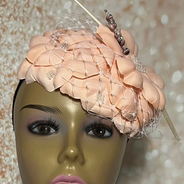 Peach Flower Fascinator Half Hat, Weddings, Church, Tea Parties, and other Special Occasions