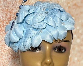 Blue Flower Fascinator Light Blue Half Hat for Church head covering, Tea Party, Wedding, and other Special Occasions