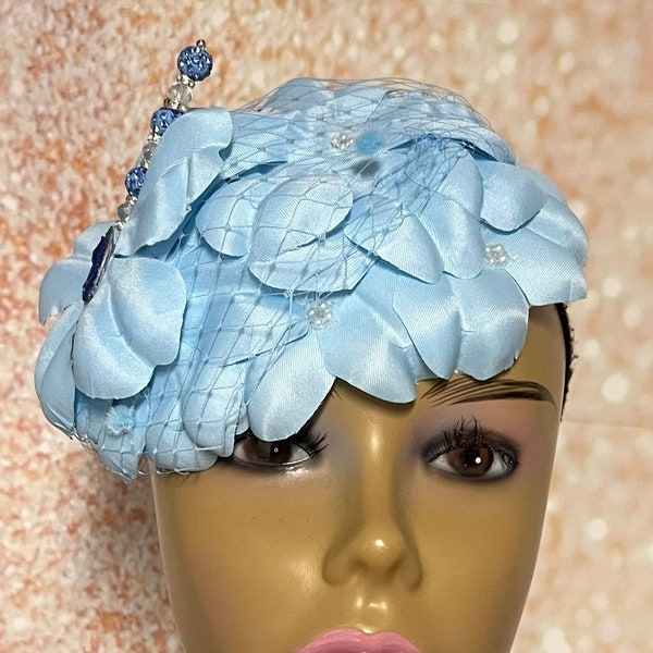 Blue Flower Fascinator Light Blue Half Hat for Church head covering, Tea Party, Wedding, and other Special Occasions