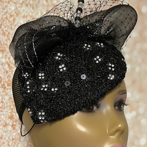 Black Sequin Lace Teardrop Rhinestone Fascinator Half Hat for Church Head Covering, Weddings, Tea Parties and Other Special Occasions image 2