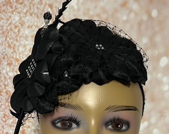 Black Flower Fascinator Half Hat, Weddings, Church, Tea Parties, and other Special Occasions