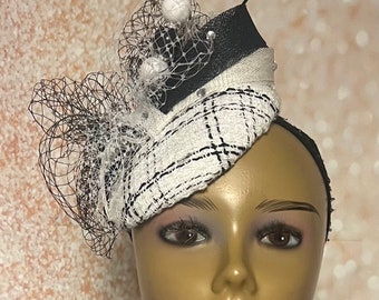 Black and White Striped Tweed Fascinator Half Hat for Church Head Covering, Tea Party, Wedding and Other Special Occasions