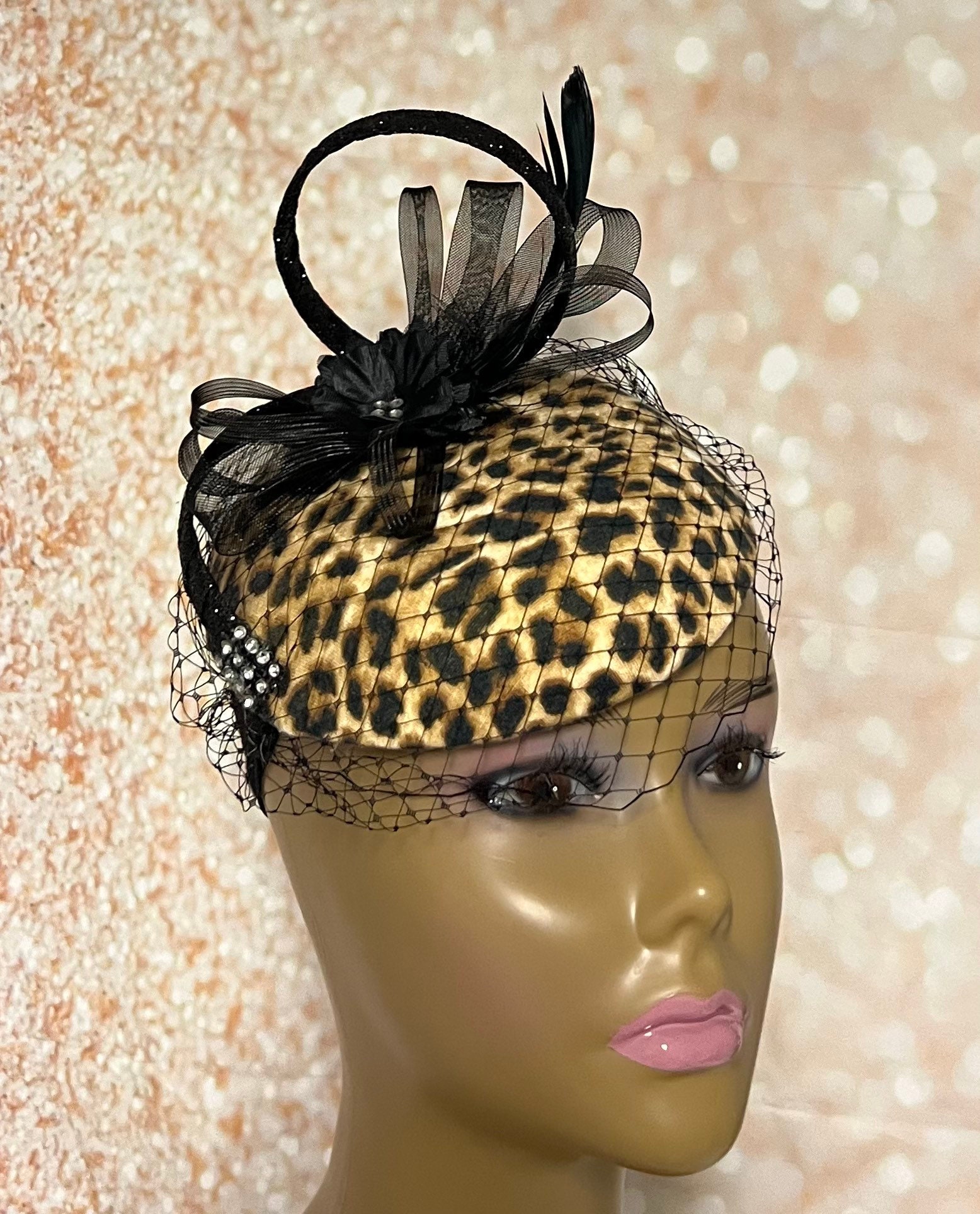 Pillbox hat Luxury velvet leopard hatinator. Hats for the races