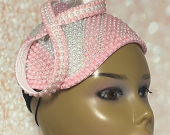 Cappello con perline rosa e bianche per chiesa, matrimonio, madre della sposa, copricapo, tea party e altre occasioni speciali