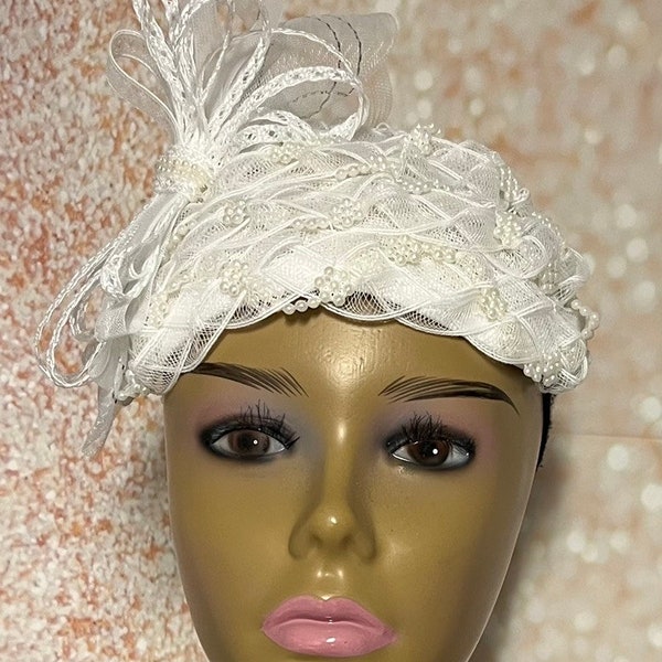 Beautiful White Beaded Fascinator Half Hat for Church Head Covering, Tea Parties and Other Special Occasions