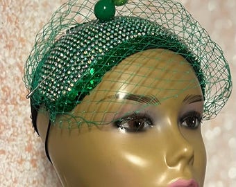 Green Rhinestone Bling Headband-Shaped Fascinator Half Hat for Church, Tea Parties, Weddings and other special occasions