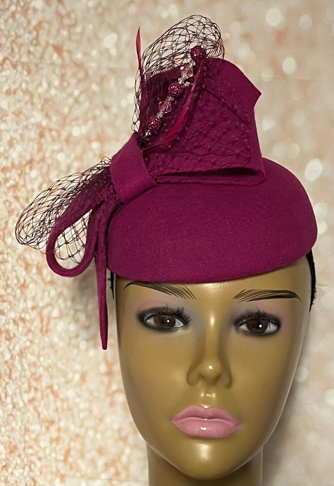 Fuchsia Pink Felt Fascinator Half Hat for Church Head Covering, Wedding