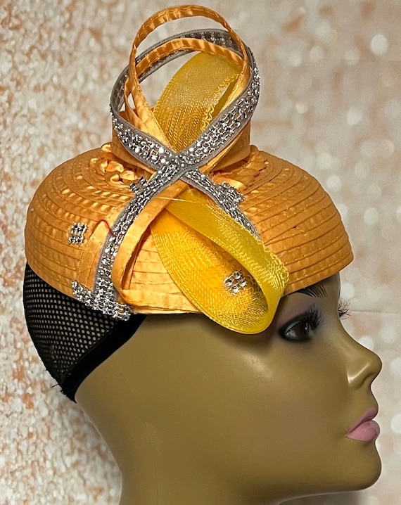 Orange Satin Half Hat Fascinator, Rhinestone Bow, Wedding  display picture 1