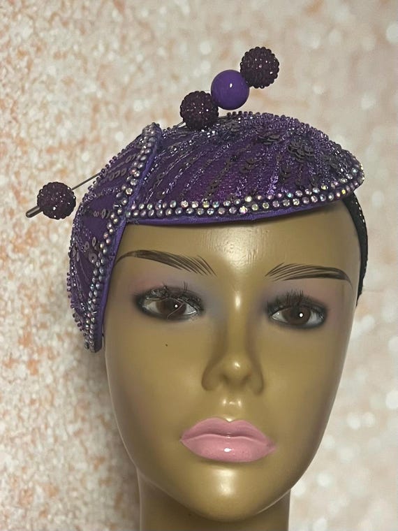 Purple Sequins and Rhinestones Half Hat for Church, Wedding  display picture 3