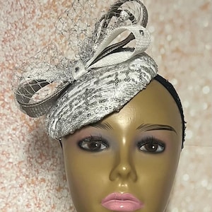Silver and White Sequin Disc Shiny Bling Fascinator Half Hat for Church, Tea Parties, Weddings and other special occasions