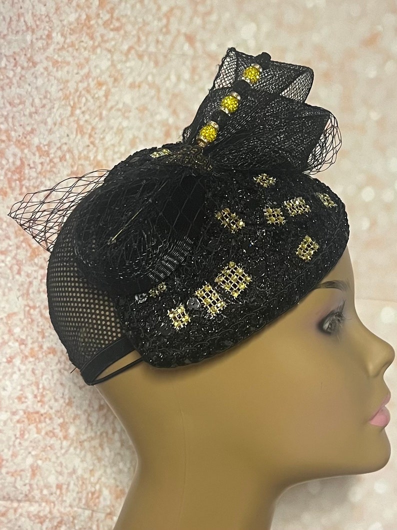 Black Sequin Lace Teardrop Rhinestone Fascinator Half Hat for Church Head Covering, Weddings, Tea Parties and Other Special Occasions image 5