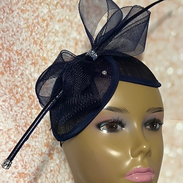 Navy Blue Sinamay Half Hat Fascinator for Church Head Covering, Tea Parties, Weddings and Special Occasions