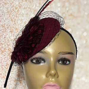 Vintage Burgundy Velvet Feather Cocktail Hat Fascinator Burgundy Rose Fascinator With Black Veil & Feather | Vintage  main image 2
