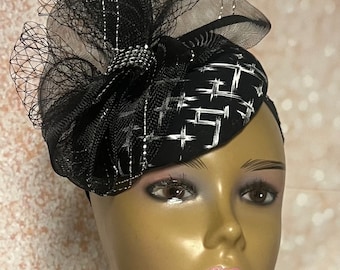 Black and White Patterned Fascinator Half Hat for Church Head Covering, Tea Party, Wedding and Other Special Occasions