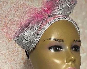 Pink and Silver Beaded Fascinator Half Hat, Church Head Covering