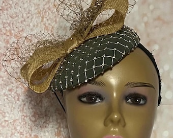 Green and Gold Satin Button Pillbox Fascinator Half Hat, Church Head Covering, Headwear, Tea Parties, Weddings, and other Special Occasions