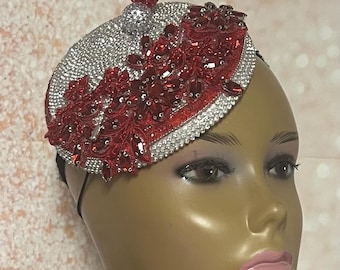 Red and Silver Rhinestone Bling Fascinator Half Hat for Church, Tea Party, Weddings and Special Occasions