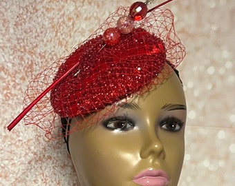 Red Cocktail Fascinator Church Half Hat, Beaded Lace Tea Party Hat, Mother of the Bride Wedding Hat, Perfect Gift for Mom and Wife