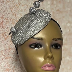 Rhinestone Silver Bling Button Cocktail Fascinator Half Hat for Church, Tea Parties, Weddings, and other special occasions