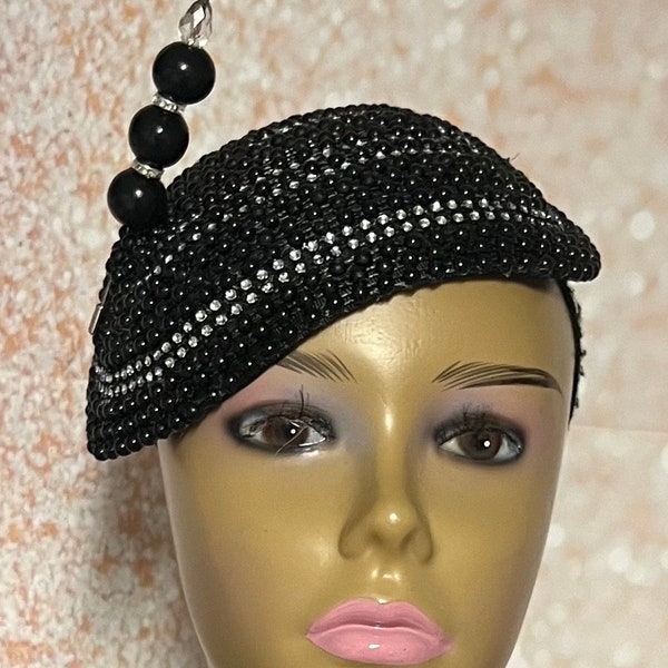 Black Beaded Half Hat Fascinator for weddings, church and special occasions, Gift for Mom, Sister, Wife, Her